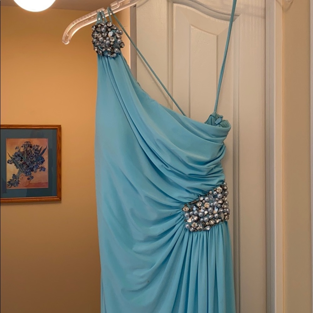 Cache light blue one shoulder prom dress
